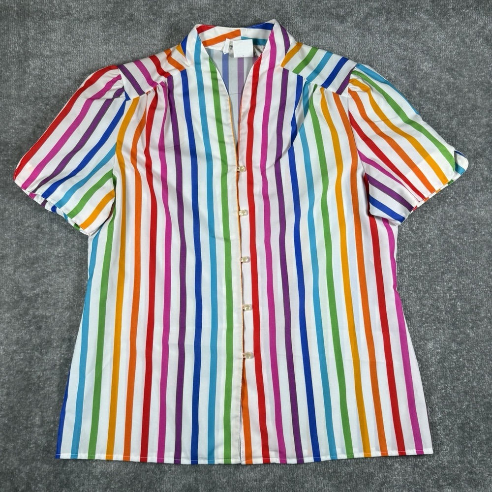 Vintage Lady Arrow Top Women's 12 Rainbow Striped Button Up Mandarin Collar
